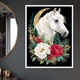Moonlit Floral Gold White Horse - NicheCanvas