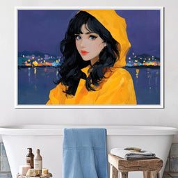Raincoat Girl Under City Lights - NicheCanvas