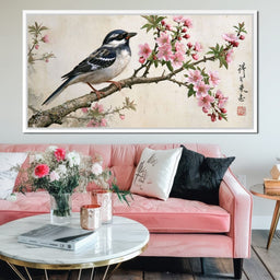 Small Bird Perched Upon Pink Petals - NicheCanvas