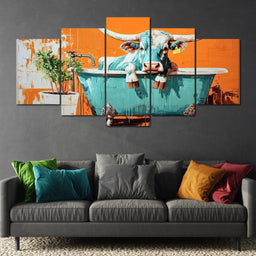 Cow in a Tub Vibrant Quirkiness - NicheCanvas