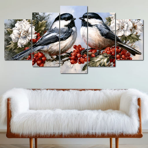 Two Chickadees Upon The Holly Branch Canvas Print