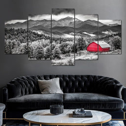 Red Barn in Monochrome Vista - NicheCanvas