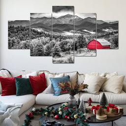 Red Barn in Monochrome Vista - NicheCanvas