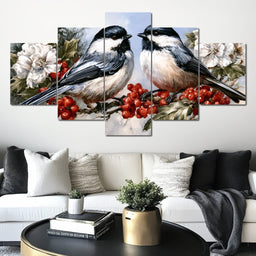 Two Chickadees Upon The Holly Branch - NicheCanvas