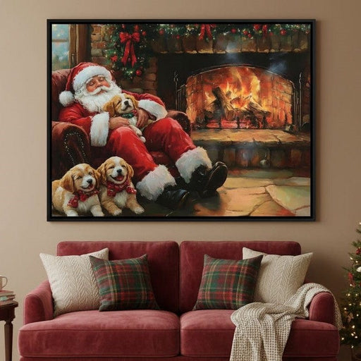 Santa Fireside Nap with Puppies Canvas Print