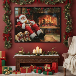 Santa Fireside Nap with Puppies
