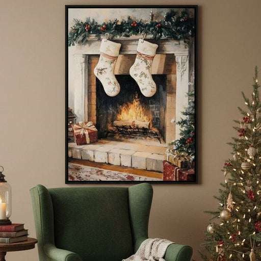 Christmas Gift Socks by the Fireplace Canvas Print