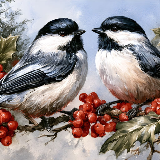 Two Chickadees Upon The Holly Branch Canvas Print
