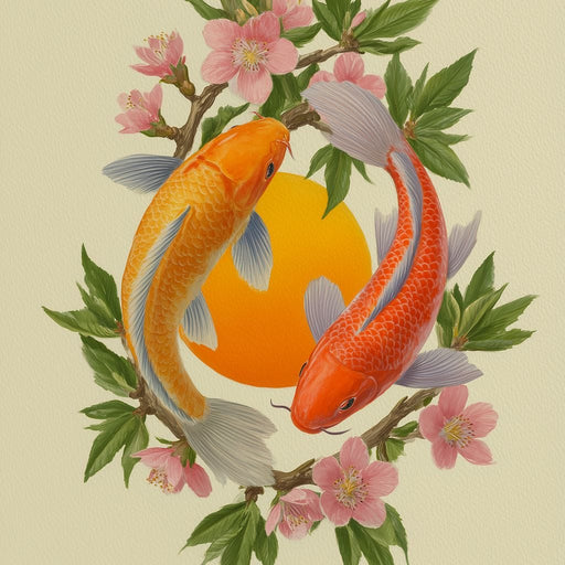 Koi Duet With Sakura Circle Canvas Print