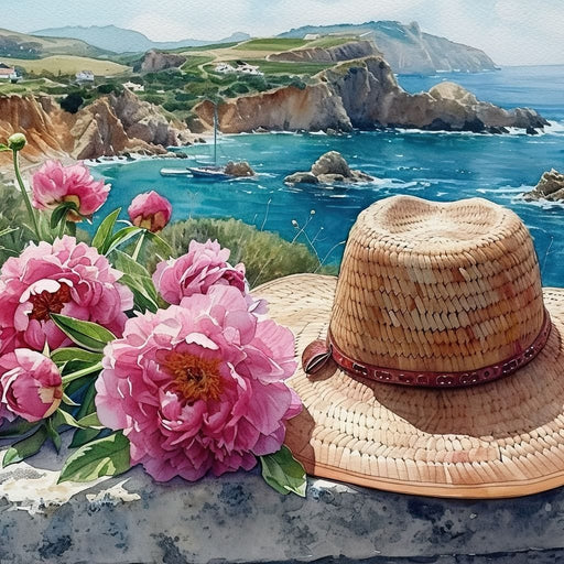 Seaside Blooms and Straw Hat Canvas Print