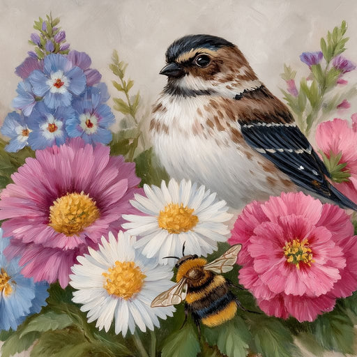 Garden Sparrow and Bumblebee Canvas Print
