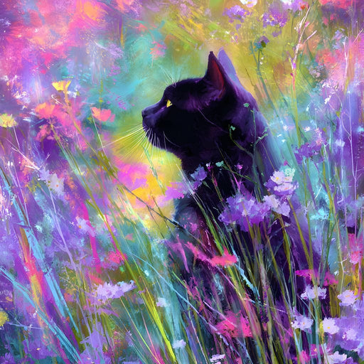 Midnight Feline Among Wildflowers Canvas Print