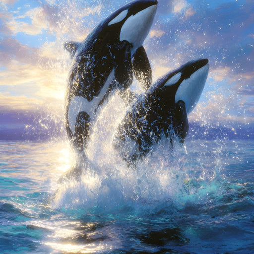 Breaching Orcas Dawn Ocean Dance Canvas Print