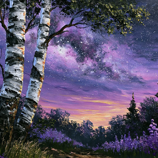 Silver Birch Under A Violet Galaxy Canvas Print