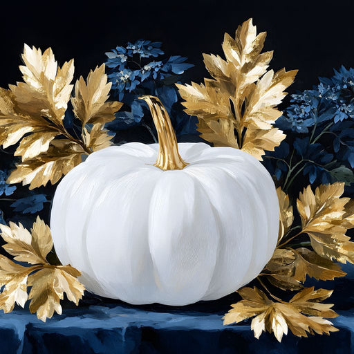 White Pumpkin And Golden Leaves Canvas Print
