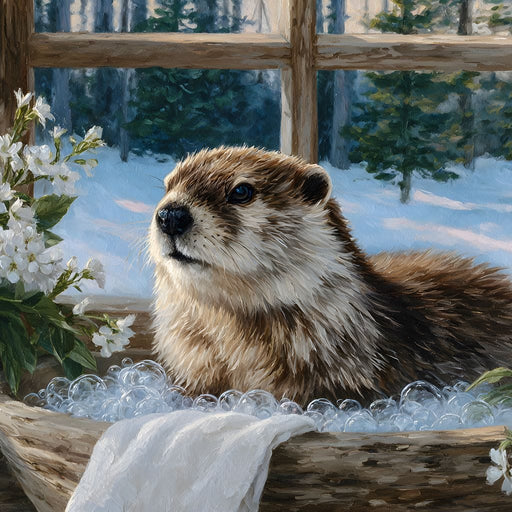 Cozy Otter Winter Bathhouse Canvas Print