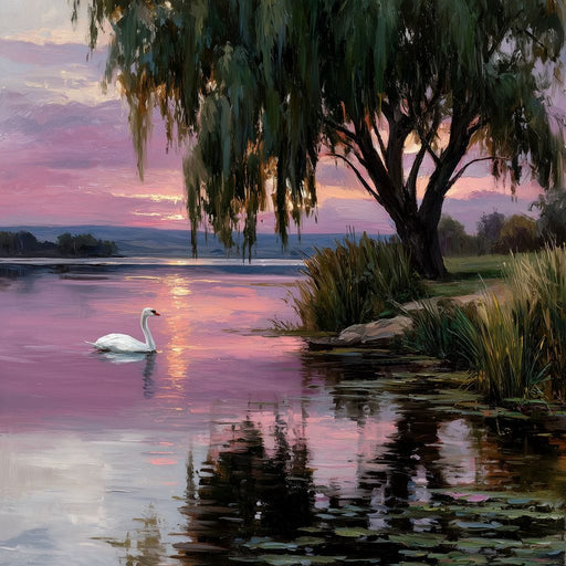 Swan Lake Sunset Willow Tree Canvas Print