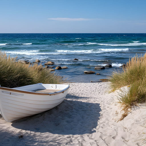 White Rowboat Coastal Dunes Canvas Print