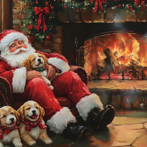 Santa Fireside Nap with Puppies Canvas Print