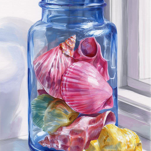 Seashells Jar Sunlit Window Canvas Print