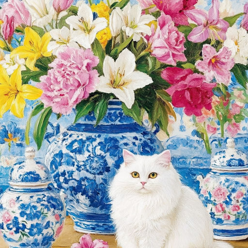 Floral Harmony and Feline Charm Canvas Print