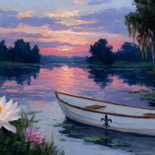 Tranquil Lotus Evening Rowboat Canvas Print