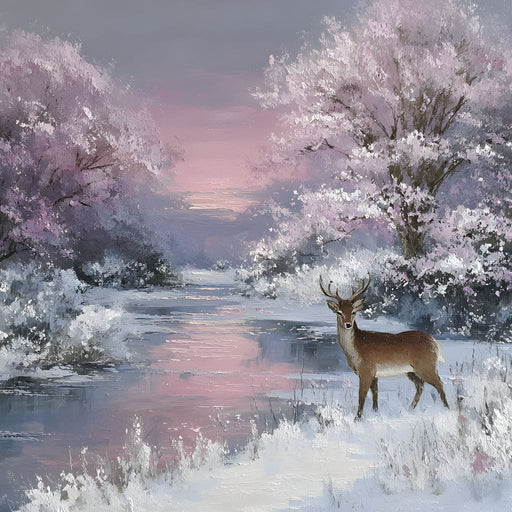 Winter River Deer Sunset Glow Canvas Print
