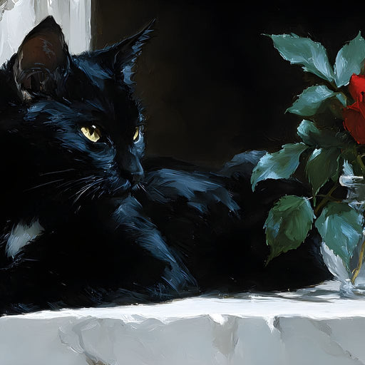 Black Cat and Red Rose Canvas Print