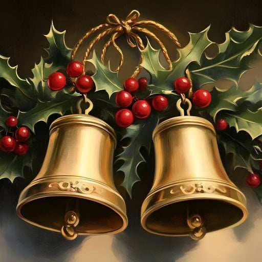 Golden Christmas Bells and Holly Canvas Print