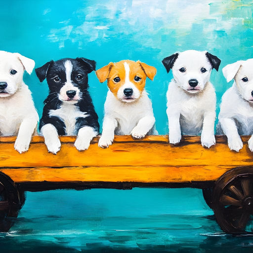 Puppy Parade on Wooden Wagon Canvas Print