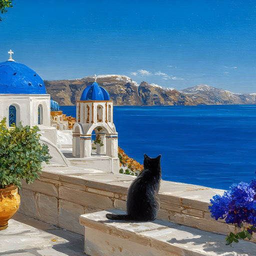 Santorini Blue Domes Cat Escape Canvas Print