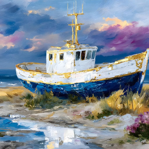 Coastal Boat Under Violet Sky Canvas Print