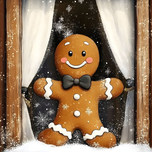 Gingerbread Joy At Snowy Window Canvas Print