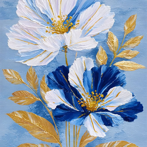 Blue White Peony Gold Leaf Canvas Print