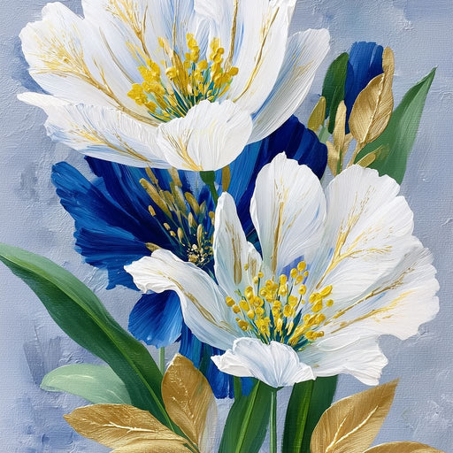 White Peony Blue Petals Gold Canvas Print