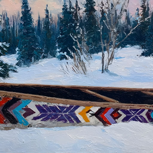 Painted Canoe Among Winter Pines Canvas Print