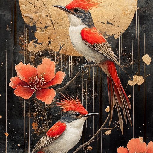 Golden Birds and Blossoms Fantasy Canvas Print