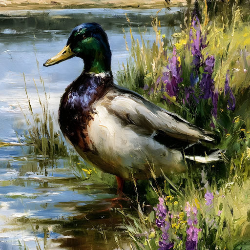 Solitary Mallard By The Still Shore Canvas Print
