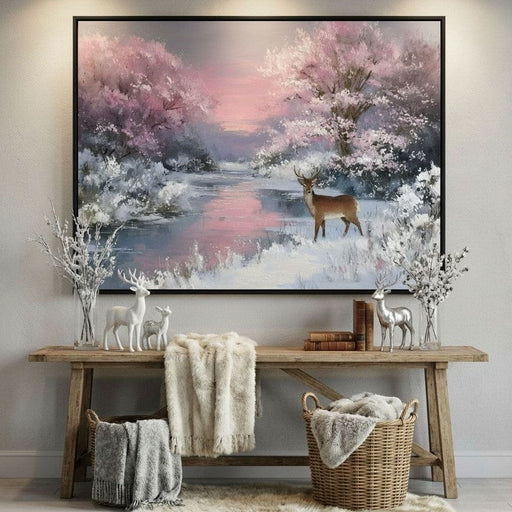 Winter River Deer Sunset Glow Canvas Print