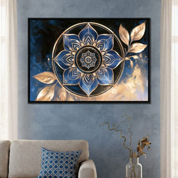 Gilded Petals Of The Midnight Mandala - living room mockup