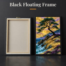 Golden Shoreline Beneath An Ancient Pine - Black Floating Frame back and front