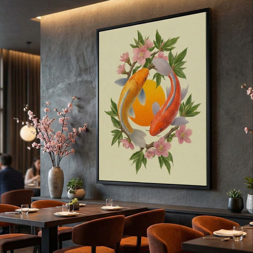 Koi Duet With Sakura Circle Canvas Print