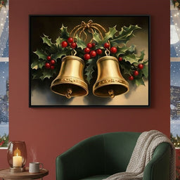 Golden Christmas Bells and Holly