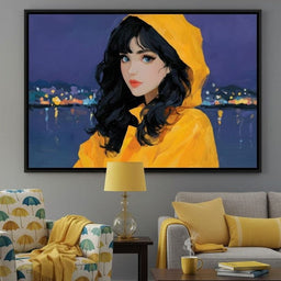 Raincoat Girl Under City Lights