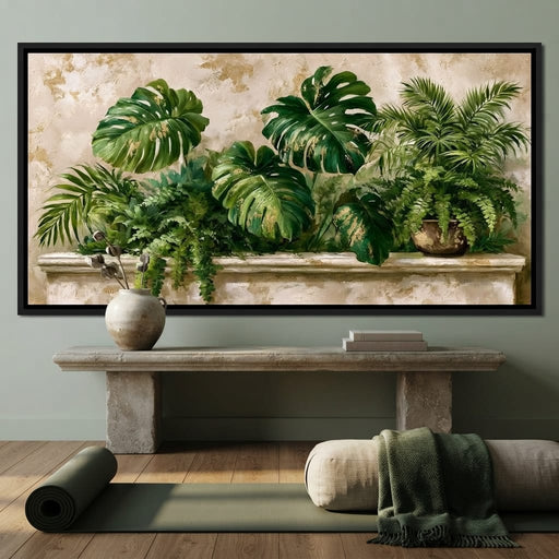 Sun Dappled Foliage On A Plaster Ledge Canvas Print