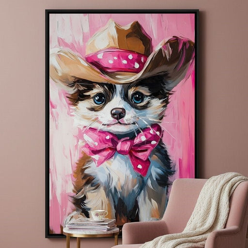 Cute Cowboy Puppy Pink Bow Charm Canvas Print