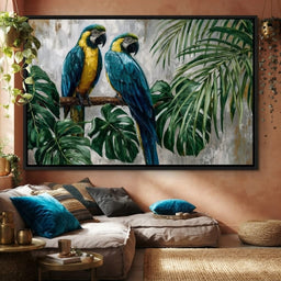 Tropical Parrot Pair Portrait - room mockup 5