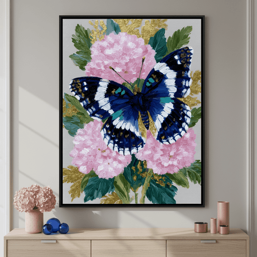 Blue Monarch on Pink Blossoms Canvas Print