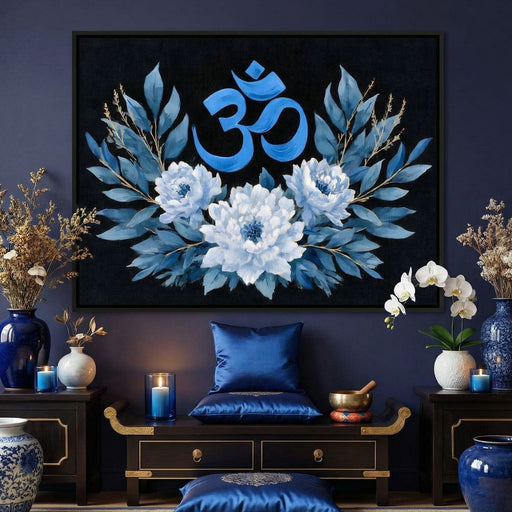 Om Blue Lotus Floral Mandala Canvas Print