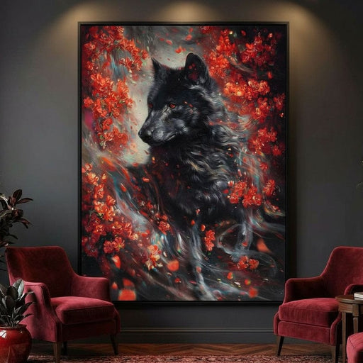 Black Wolf Rose Petal Storm Canvas Print